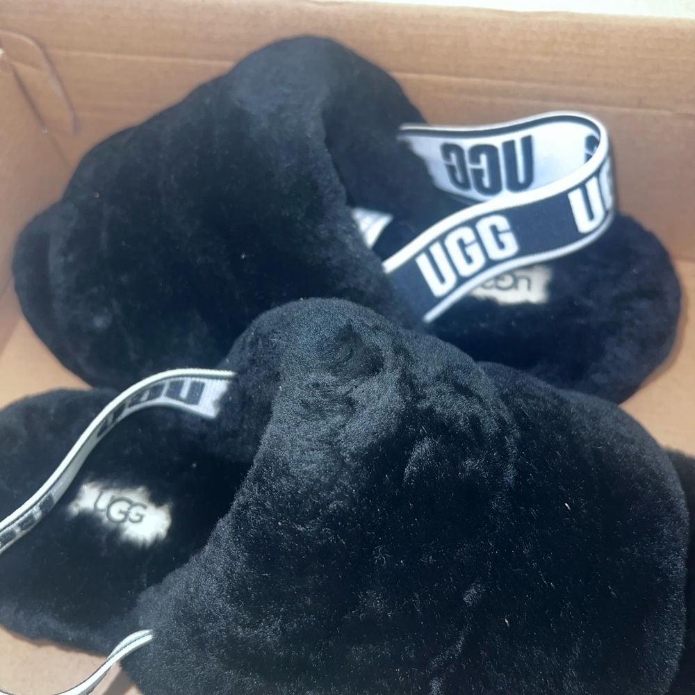 UGG Black Fluffy Slippers